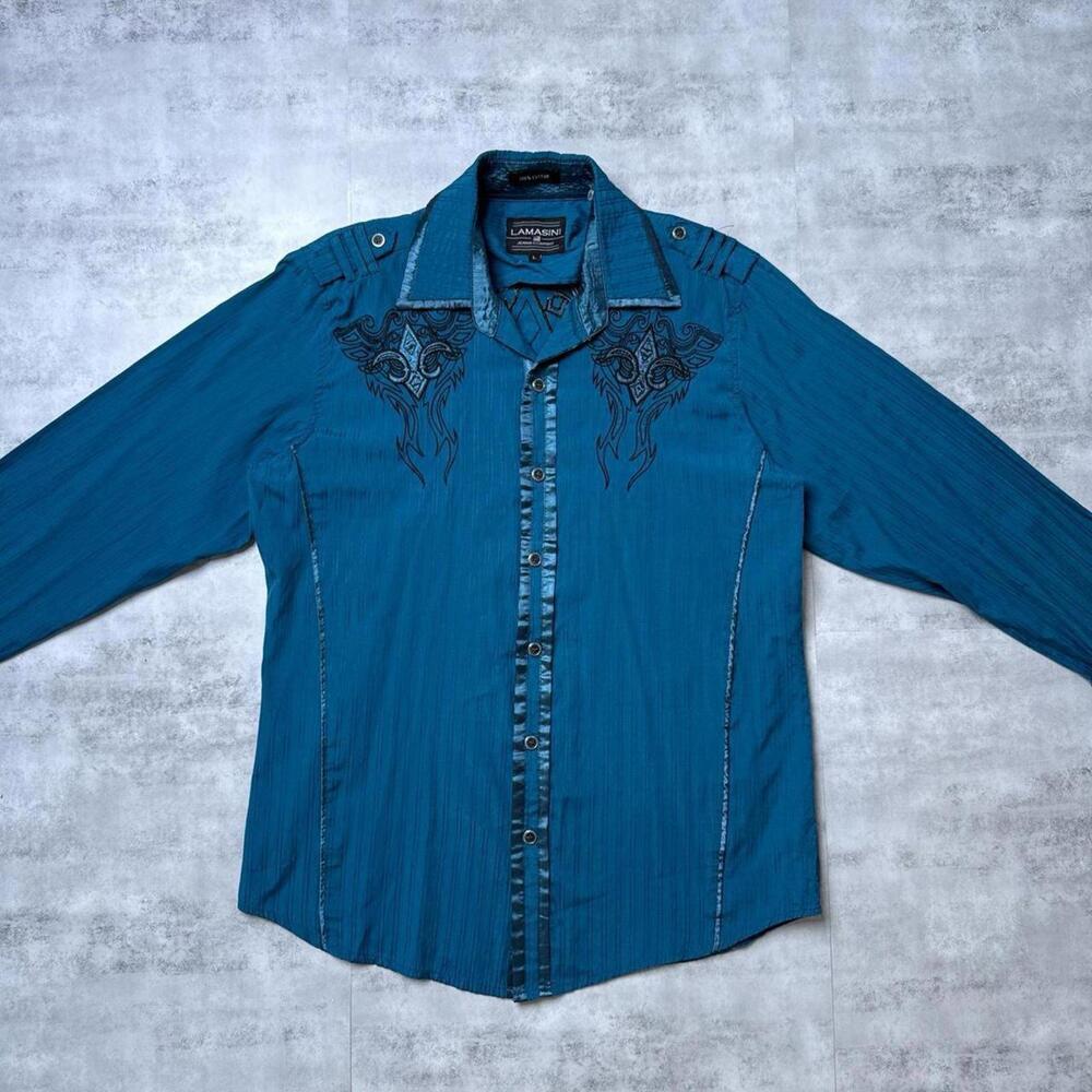 Y2K Affliction Blue Lamasimi Jeans Company Button up shirt - Picture 3 of 8